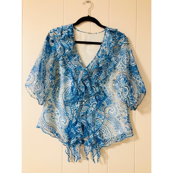 T.J.Maxx Tops Buy Now Blue And White Ruffled Blouse Poshmark